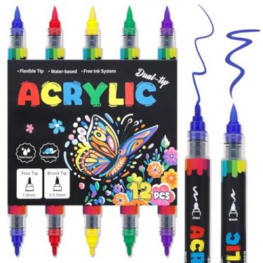 Imagem de Craiiby Marcadores de tinta acrílica de ponta dupla de 5 cores, canetas acrílicas permanentes à base de água com ponta fina e pincel para pintura rupestre, tela, vidro, madeira, cerâmica, tecido