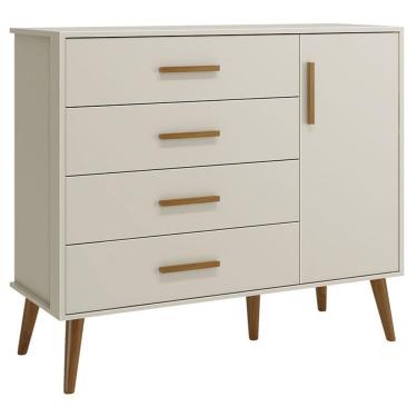 Imagem de Cômoda Infantil com Porta Isis 4 Gavetas em MDF com Puxador em Madeira Bege Fosco com Prateleira