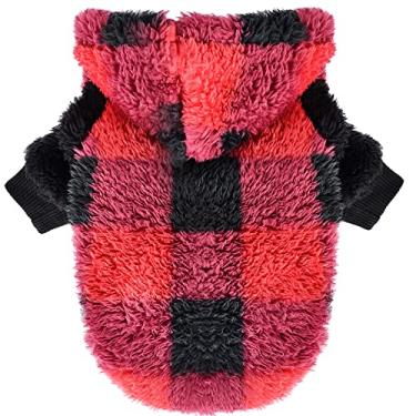 Imagem de Sebaoyu Suéteres para cães pequenos, roupas com capuz de lã para cães, suéter chihuahua de inverno bonito e quente xadrez, moletom para cachorro de estimação para xícara de chá Yorkie, vestuário para gato (pequeno, xadrez)