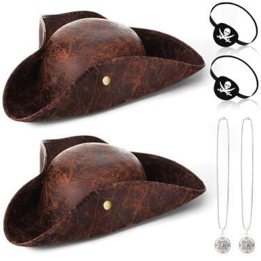 Imagem de Chicingyou Chapéus de pirata a granel para fantasia de Halloween, acessórios de couro, tricórnio, chapéu de pirata, colar, remendo para os olhos, festa, homens e mulheres, Marrom, Length 15.35 inches