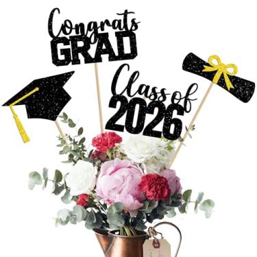 Imagem de 16 peças de decorações de formatura classe de 2026, centros de mesa dupla face preto e dourado, enfeites de mesa parabéns, decorações de festa de formatura para expositores de mesa (BG)