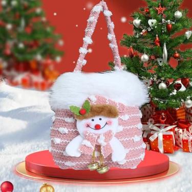 Imagem de Bolsa de presente de Natal tricotada com desenho animado, Papai Noel, boneco de neve, alce, urso, sacolas de doces de Natal, embalagem de feliz Natal, suprimentos (rosa)
