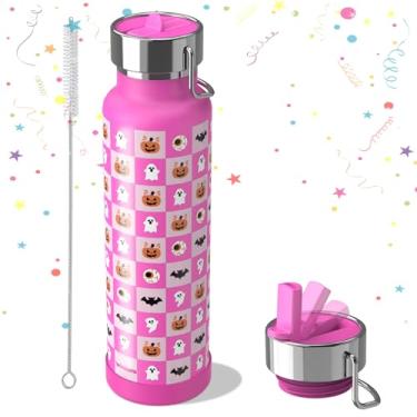 Imagem de Garrafa de água fina com isolamento de Halloween de 680 g com canudo e alça, garrafas de água de aço inoxidável, serve para porta-copos de carro, 100% à prova de vazamento, mantém a bebida fria