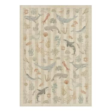 Imagem de Tapete de borracha antiderrapante com tema de baleias de lã sintética lavável e resistente a manchas para sala de jogos, banheiro, sala de estar, quarto, cabeceira, praia, fofo, náutico costeiro