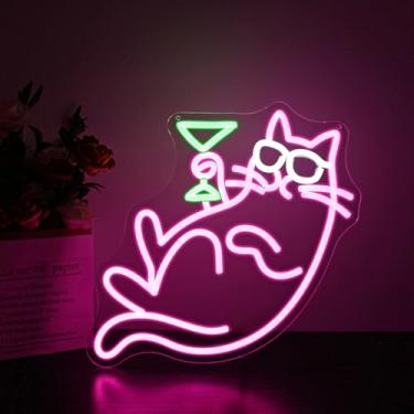 Imagem de Placa de neon, placas neon de gato HSJNJKFU para decoração de parede fofo animal gato letreiro luz LED rosa verde neon para quarto festa de aniversário casa - alimentado por USB