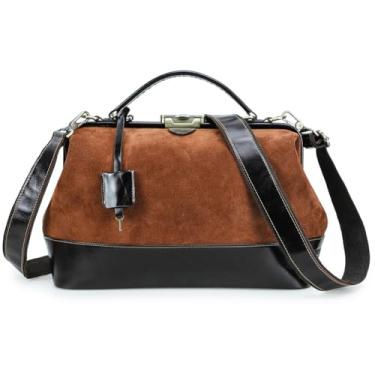 Imagem de CONTACTS Bolsa médica feminina de couro nobuck de grão superior bolsa médica vintage bolsa grande alça superior bolsa de trabalho com chave para laptop de 13,3 polegadas