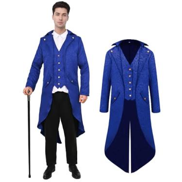 Imagem de rumnigh Jaqueta masculina gótica medieval, jaqueta medieval steampunk uniforme smoking longo, fantasia de Halloween (azul, grande)