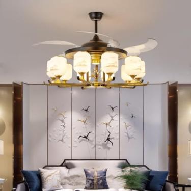 Imagem de Ventilador de teto moderno e discreto com luz LED para sala de estar, restaurante, quarto, escritório, casa de campo ou hotel, com controle remoto (1 lâmpada E10).