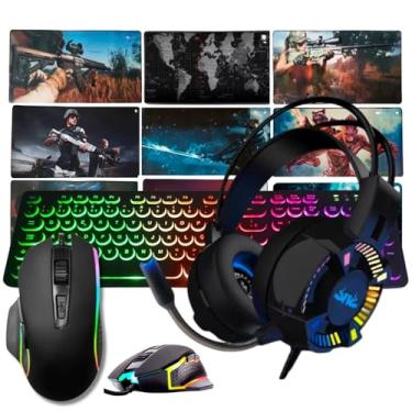 Imagem de Kit Gamer 4 em 1 - Teclado Tipo Chocolale RGB + Mouse 4800 DPI Rainbow + Headset 7.1 Canais LED RGB + Mouse Pad Grande 80x40 cm Antiderrapante - Para Pc Notebook Smartphone e Consoles