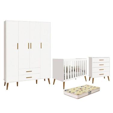 Imagem de Dormitório Infantil Isis Guarda Roupa 4 Portas, Cômoda E Berço Branco Com Colchão D18 - Reller Móveis Branco