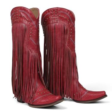 Imagem de Celbreez Botas de caubói femininas com franjas, botas de caubói na altura do joelho, panturrilha, bordadas, rebite, bico fino, salto grosso, botas ocidentais, roupas de concerto Shose, Vermelho, 36