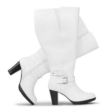 Imagem de Chicblooms Botas femininas plus size extra largas de salto alto com fivela no tornozelo, Poliuretano branco, 37