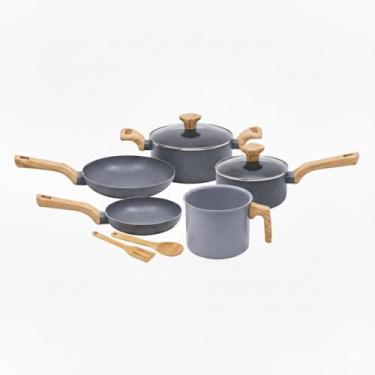 Imagem de Conjunto de Panelas de Indução Com Revestimento em Cerâmica, 7 Peças, Cabo de Madeira, com Tampas de Vidro e Utensílios de Bambu (Grafite)