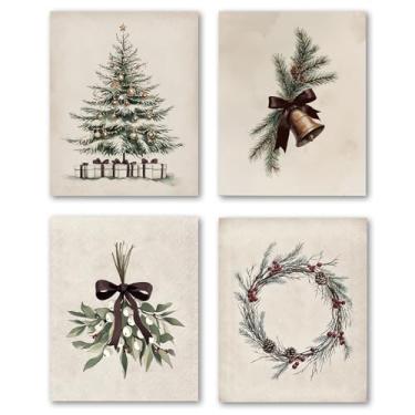 Imagem de XWELLDAN Vintage Farmhouse rústico neutro guirlanda de árvore de Natal visco arte de parede decoração decorações, 20 x 25 sem moldura conjunto de 4