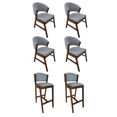 Imagem de Kit 4 Cadeiras De Jantar Debora Com 2 Banquetas Ana Madeira Maciça Mel Premium Linho Cinza