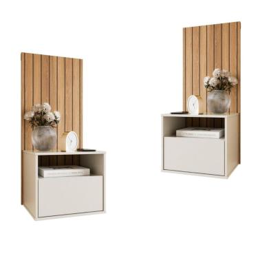 Imagem de Kit 2 Mesas De Cabeceira Suspensa Efeito Ripado Cross Freijó - Movelove