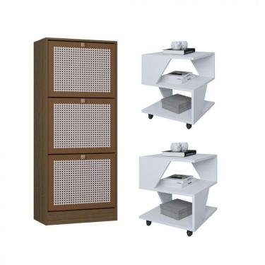 Imagem de Kit Sapateira Spin Tropical 3 Portas E 2 Mesas De Cabeceira Branco-carvalho