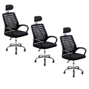 Imagem de Kit 3 Cadeiras Escritório Diretor Tela Mesh Encosto De Cabeça Preto