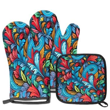 Imagem de Conjunto de 3 suportes de panela de forno para cozinha, luvas de forno com isolamento de flores retrô resistentes ao calor, acessórios essenciais para churrasco, cozinhar, decoração de cozinha