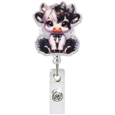 Imagem de Carretel de crachá retrátil de vaca fofo com borda de glitter, suporte de crachá de identidade, clipe de jacaré, essenciais para enfermeiros, professores, funcionários de escritório, equipe médica