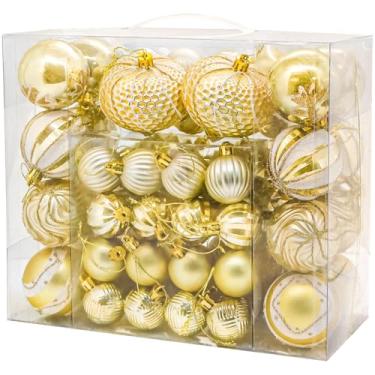 Imagem de Conjunto de 48 peças de enfeites de bolas de Natal, bolas decorativas de plástico coloridas à prova de estilhaçamento para decoração de festa de casamento, 4,57/2,36/8,15 polegadas, ouro