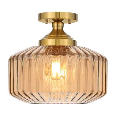 Imagem de Fivemengo Luminária de teto de montagem semi-embutida de 30 cm, vidro estriado vintage, luminárias de cozinha, suporte de teto para entrada, corredor, quarto, sala de jantar, banheiro, hall de entrada