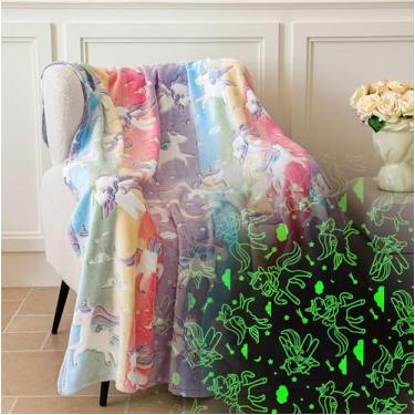 Imagem de Cobertor de unicórnio que brilha no escuro para crianças – flanela grossa de 280 g/m2, manta de lã super macia e aconchegante, presente de aniversário fofo para meninas e meninos, cobertor mágico