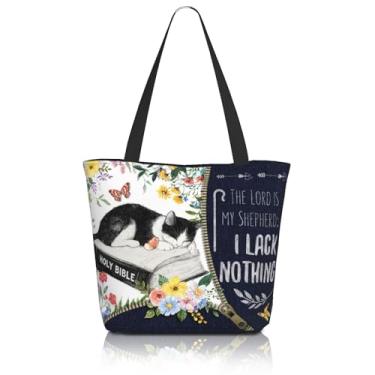 Imagem de Bolsa feminina cristã, versículo bíblico inspirador e estampa de gato, The Lord is My Shepherd, bolsa de mercearia reutilizável baseada na fé com zíper
