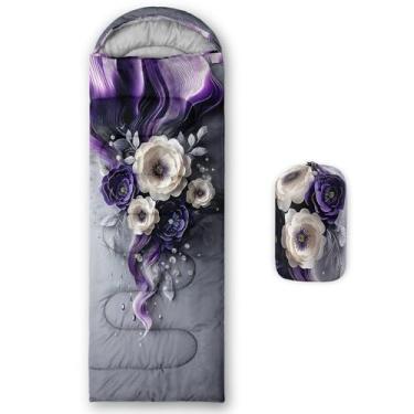 Imagem de QOOMO Sacos de dormir impermeáveis com flores brancas roxas para adultos e crianças, sacos de dormir impressos para acampamento, viagens e ao ar livre, equipamento de acampamento, 78,76 x 228,6 cm, 3