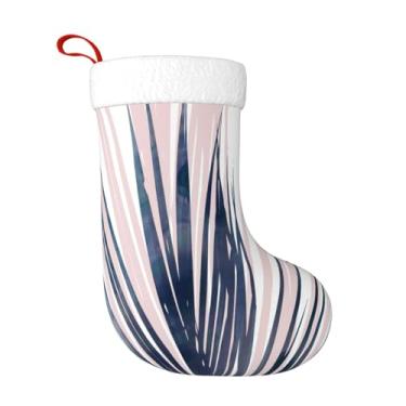 Imagem de Poacnip Meias de Natal de folha de palmeira em azul marinho e rosa blush grandes de 43 cm para pendurar em lareira para decoração de festa de Natal em família
