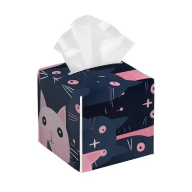 Imagem de Porta-lenços de papel quadrado de couro à prova d'água gato fofo rosa preto organizador de papel facial com cinto inferior cubo estojo de lenços para mesa banheiro escritório mesa carro decorativo