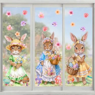 Imagem de AnyDesign 6 folhas de adesivos de janela de coelhinho da Páscoa adesivos grandes aquarela coelho flor ovo decoração reutilizável para festa de primavera loja casa sala de aula