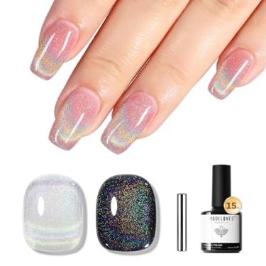 Imagem de modelones Esmalte Em Gel para Olhos de Gato, 1 Peça 15Ml Arco-Íris Holográfico Prata Brilhante Brilho Veludo Esmalte Em Gel com Bastão Magnético Embebe Fora Led Nail Art Manicure Salão Faça Você Mesmo Casa