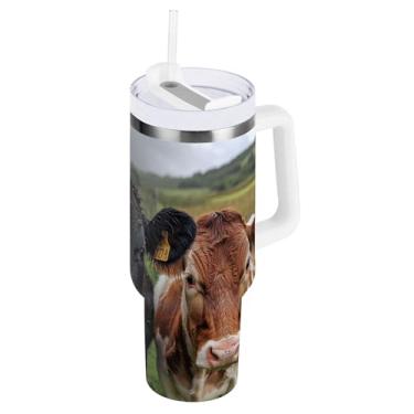 Imagem de xigua Copo Highland Cow de 850 g com tampa e canudo, aço inoxidável de vácuo duplo isolado garrafa de água esportiva suporte para copo de café de viagem à prova de vazamento para bebida gelada
