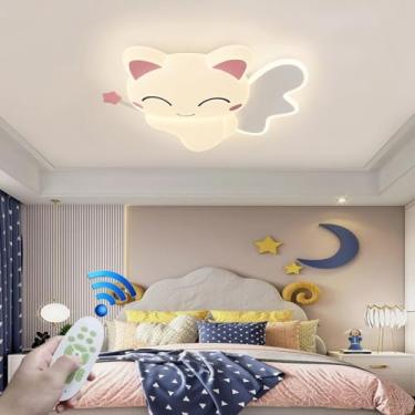 Imagem de Luminária de teto moderna para quarto, com LED dimerizável, em formato de gato, fofa e com desenho animado, ideal para quarto infantil, restaurante, sala de estar e banheiro (Rosa)
