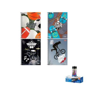 Imagem de Kit Caderno Universitário Vibe Masc 10M 160F Tilibra Caneta Esferográfica 0.7mm e Grampeador Metallic C-15