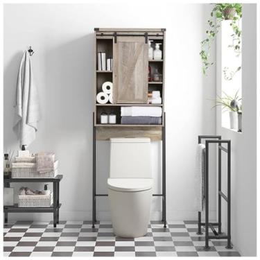 Imagem de SPXMQSS Unidade de armazenamento sobre vaso sanitário, armário de unidade de armazenamento de máquina de lavar, economia de espaço de banheiro independente com porta e compartimentos abertos, para