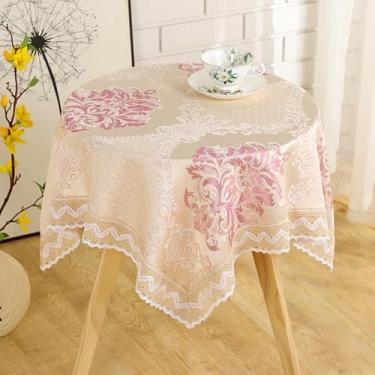 Imagem de Toalha de mesa quadrada pequena bordada de renda floral vintage estilo francês toalha de mesa com macramê chique capa de mesa para casamento, aniversário, cozinha, decoração de casa, roxo 119 x 119 cm