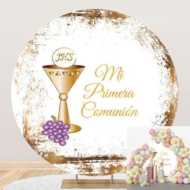 Imagem de Leyiyi Capa de fundo redonda Mi Primera Comunión de 2 x 2 m, fundo de círculo de primeira comunhão, vintage, dourado, com glitter, cálice, uvas roxas, pano de fundo para chá de bebê, recém-nascidos