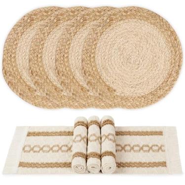 Imagem de YANGQIHOME Jogo americano Boho conjunto de 4, jogo americano rústico para decoração de mesa de jantar, tapetes trançados feitos à mão em juta de algodão natural e canudo de água para mesa de cozinha