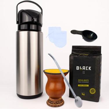 Imagem de Kit Chimarrão com Erva 1Kg Garrafa Térmica 1,8L Inox Cuia Porongo Bomb