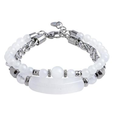 Imagem de Nupuyai Pulseira de cristal de camada dupla com tubo curvo e contas redondas de 6 mm em aço inoxidável, design unissex de comprimento ajustável com placa de gravação DIY, 8“, Pedra de quartzo, Pedra