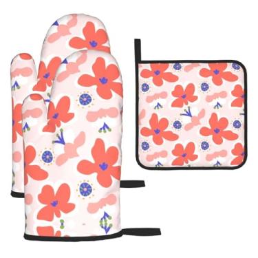 Imagem de Padrão de coloração de flores – Conjunto de cozinha essencial com 3 peças, luvas resistentes ao calor e aderência da tampa, proteção para churrasco no forno, design de armazenamento suspenso.