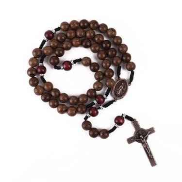 Imagem de Nazareth Store Rosário católico feito à mão de madeira maciça oliva e vermelho escuro com medalha de cobre antigo e presente de guerreiro espiritual crucifixo para homens, 20.6", Madeira, Sem Pedra