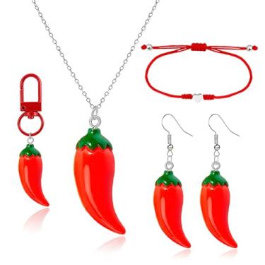 Imagem de QLYOVWE Conjunto de joias de pimenta vermelha para mulheres 4 peças engraçado mexicano Fiesta colar com pingente colorido cinco de maio brincos boho verão praia joias presente, Standard, Metal, Sem