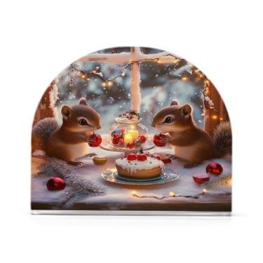 Imagem de xigua Esquilos celebram o porta-guardanapos de Natal para mesas, elegantes suportes de guardanapo de papel de placa acrílica, dispensador de papel de seda independente moderno para jantar, sala de