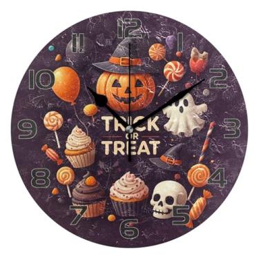 Imagem de YETTASBIN Relógio de parede Pukpkin de Halloween, silencioso, sem tique-taque, operado por bateria, relógio redondo decorativo criativo para cozinha, sala de estar, banheiro, decoração de escritório