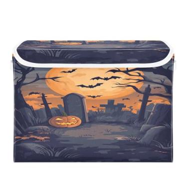 Imagem de CEBUGI Caixotes de armazenamento com tampas, caixa de armazenamento de tecido dobrável, noite de Halloween com cubo de lua, compartimentos organizadores para armário de casa prateleiras de quarto 40 x