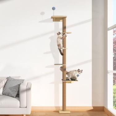 Imagem de Árvore de gato alta montada na parede para gatos grandes, poste para arranhar 208 cm com brinquedos, torre de gatos do chão ao teto para área de canto, prateleira de parede de gatinho para dormir