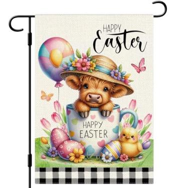 Imagem de DLZDN Bandeira de jardim de vaca Highland da Páscoa, 30 x 45 cm, dupla face, vertical, serapilheira, quintal, quintal, primavera, férias, decoração ao ar livre